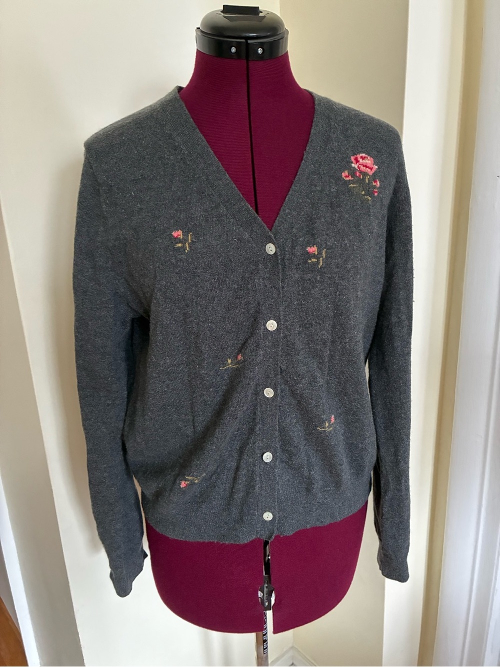 Cath Kidston Charcoal V-Neck Cardigan with Pink Rose Detail